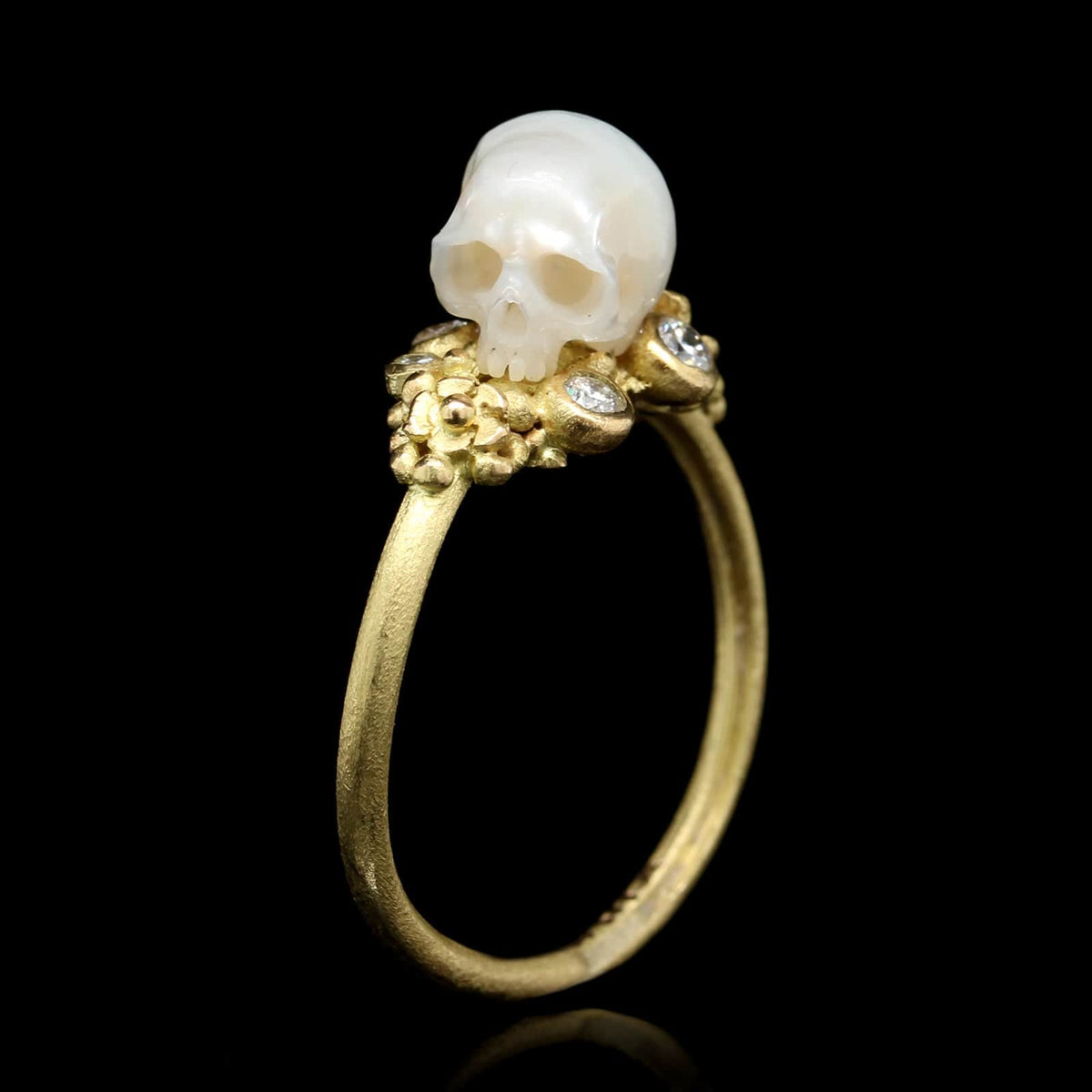 Lene Vibe 18K Yellow Gold Estate Hand Carved Pearl and Diamond Skull Ring