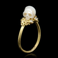 Lene Vibe 18K Yellow Gold Estate Hand Carved Pearl and Diamond Skull Ring