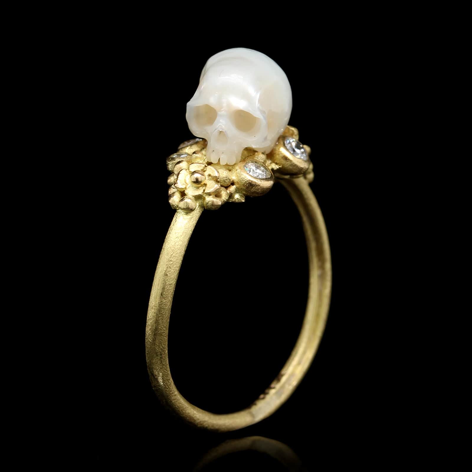 Lene Vibe 18K Yellow Gold Estate Hand Carved Pearl and Diamond Skull Ring