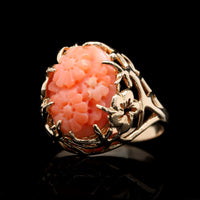 14K Yellow Gold Estate Carved Coral Flower Ring