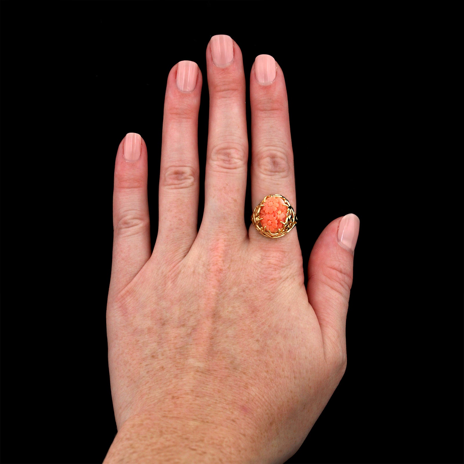 14K Yellow Gold Estate Carved Coral Flower Ring