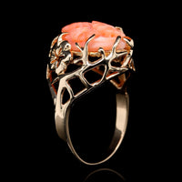 14K Yellow Gold Estate Carved Coral Flower Ring