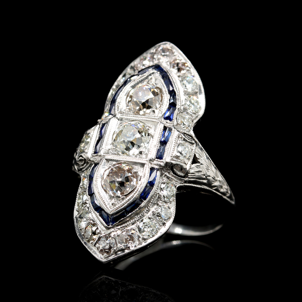 Art Deco Platinum Estate Diamond Sapphire Ring