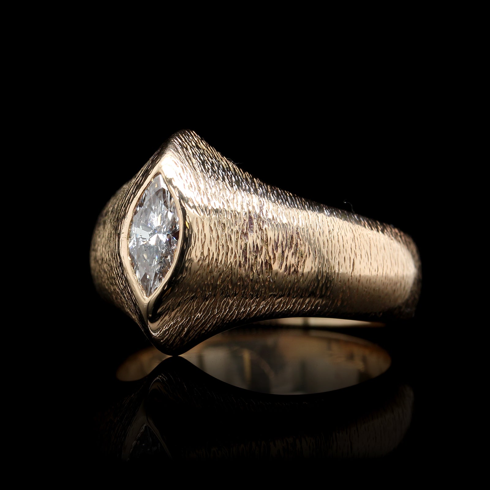14K Yellow Gold Estate Marquise Diamond Textured Ring