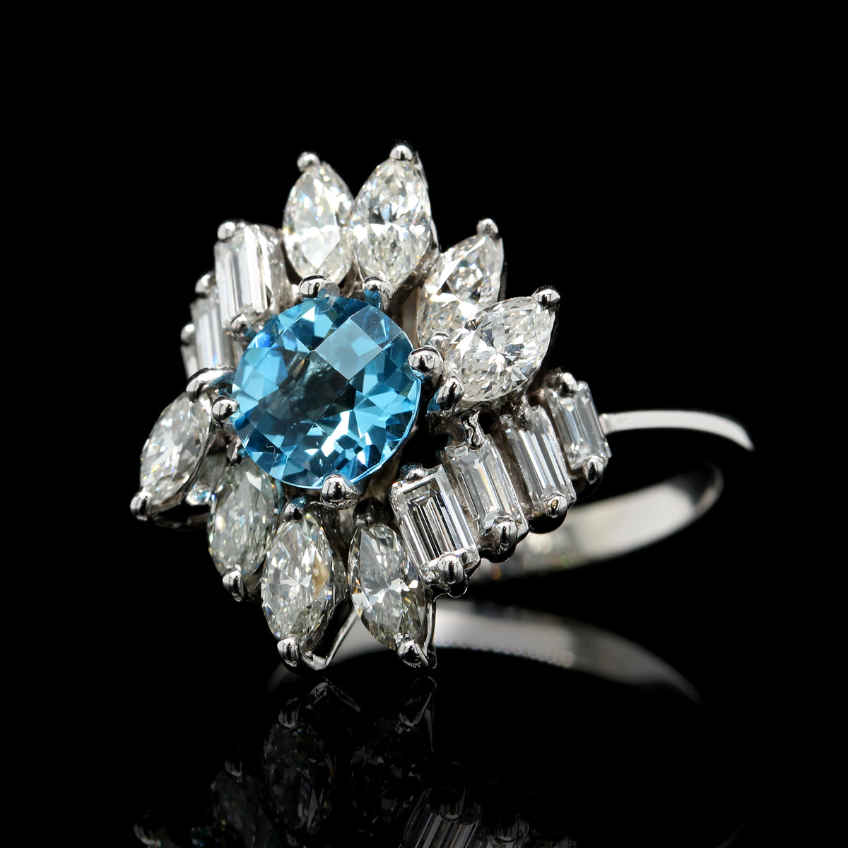 18K White Gold Estate Blue Topaz and Diamond Ring