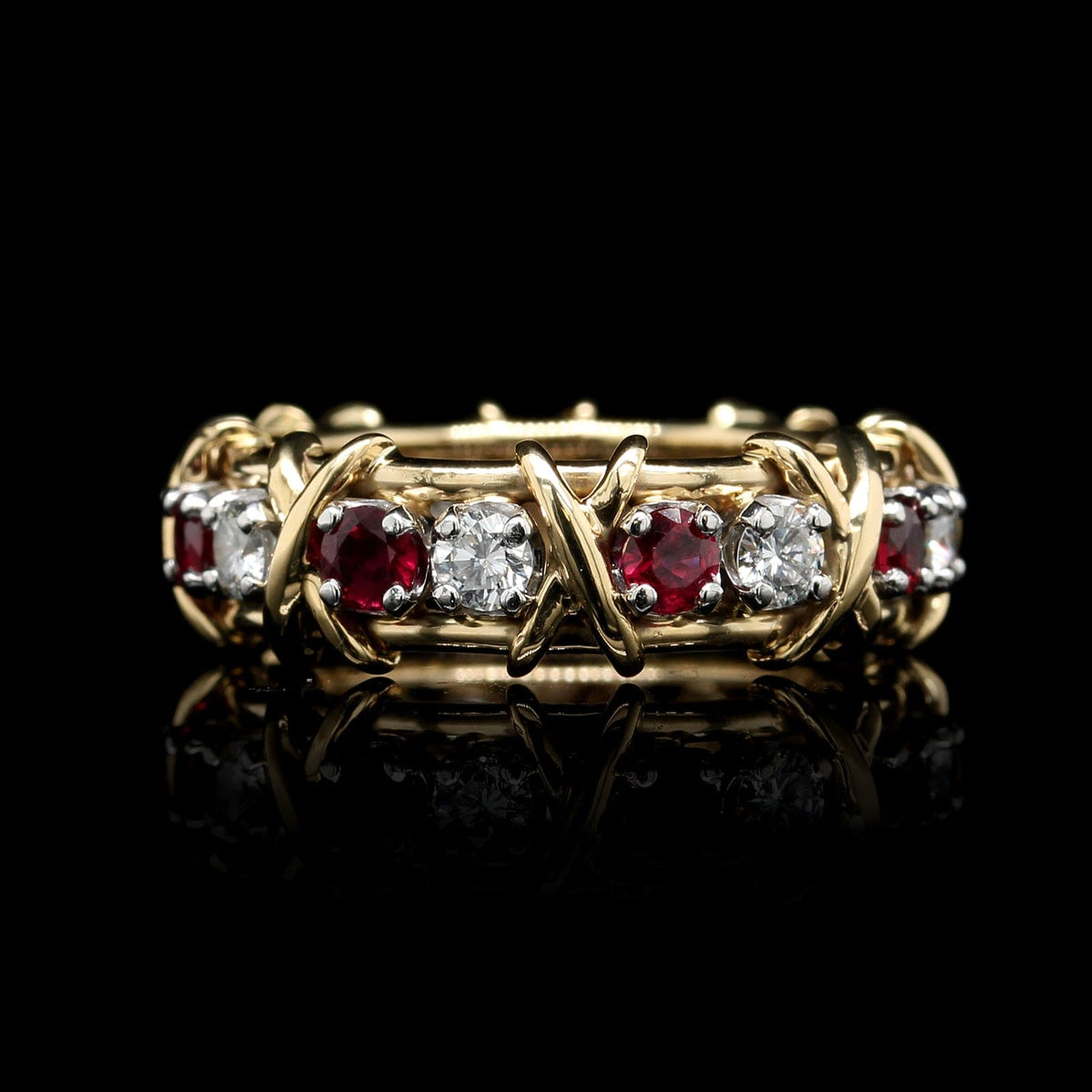 Tiffany & Co. 18K Yellow Gold and Platinum Estate Schlumberger Sixteen Stone Ruby and and Diamond Ring