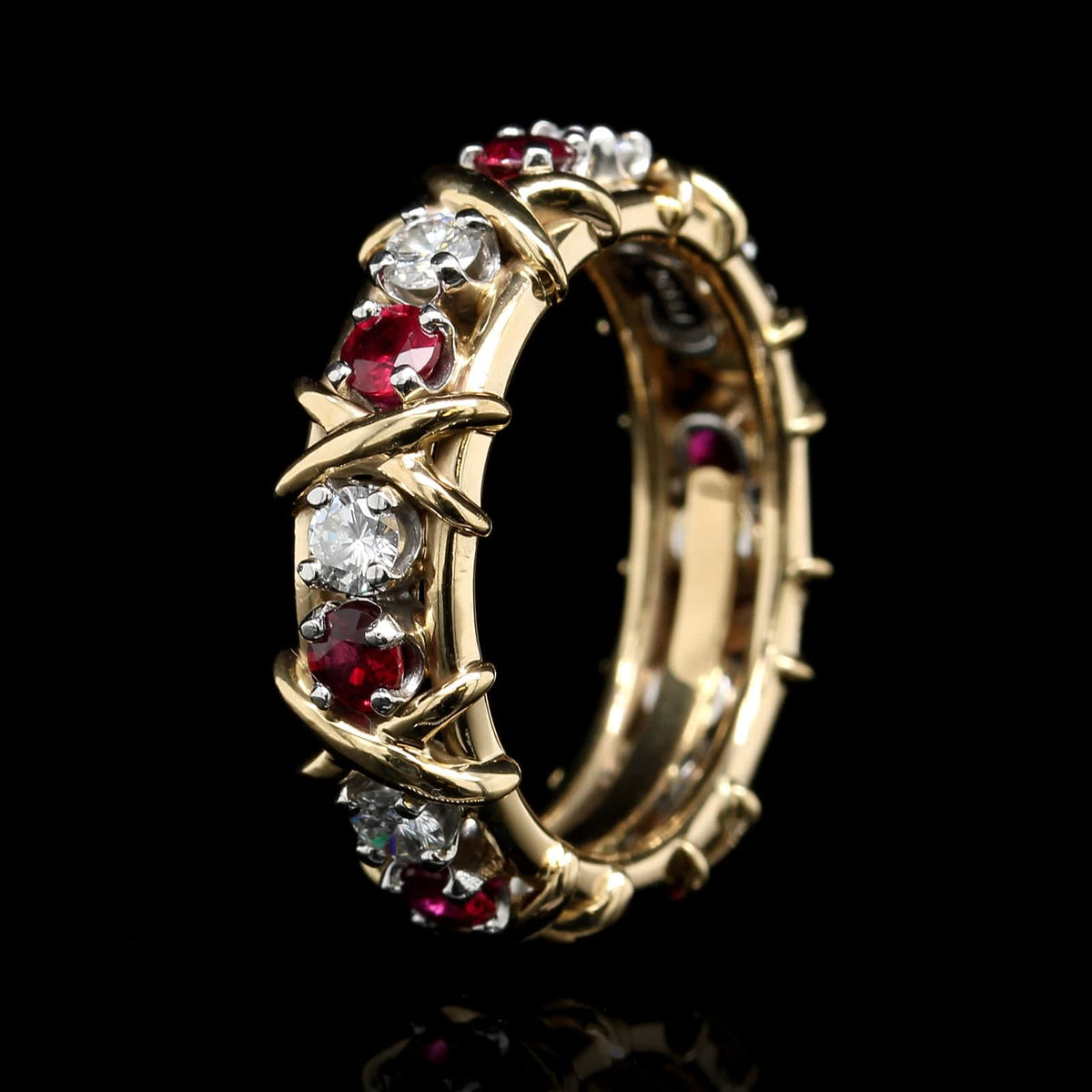 Tiffany & Co. 18K Yellow Gold and Platinum Estate Schlumberger Sixteen Stone Ruby and Diamond Ring