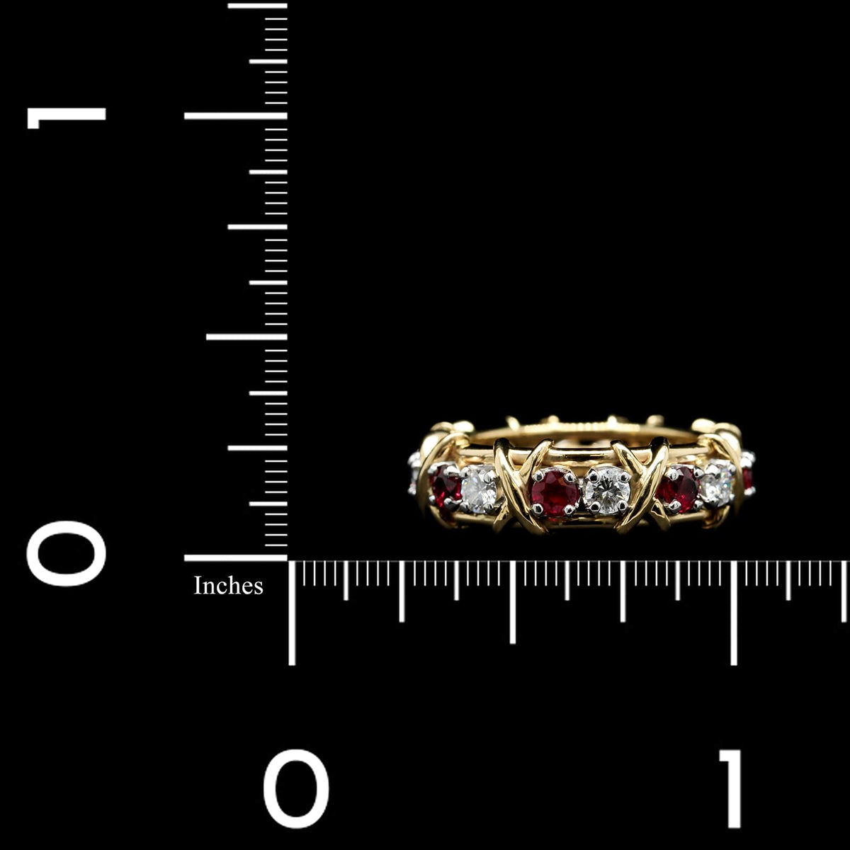 Tiffany & Co. 18K Yellow Gold and Platinum Estate Schlumberger Sixteen Stone Ruby and and Diamond Ring