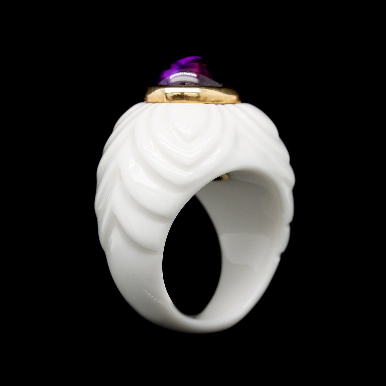 Bulgari 18K Yellow Gold Estate White Ceramic and Amethyst Chandra Ring