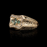 14K Yellow Gold Estate Chrysoberyl and Diamond Hand Engraved Ring