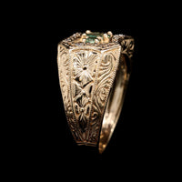 14K Yellow Gold Estate Chrysoberyl and Diamond Hand Engraved Ring