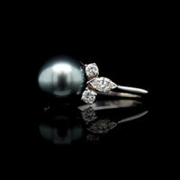 14K White Gold Estate Pearl and Diamond Ring