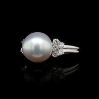 18K White Gold Estate Pearl and Diamond Ring