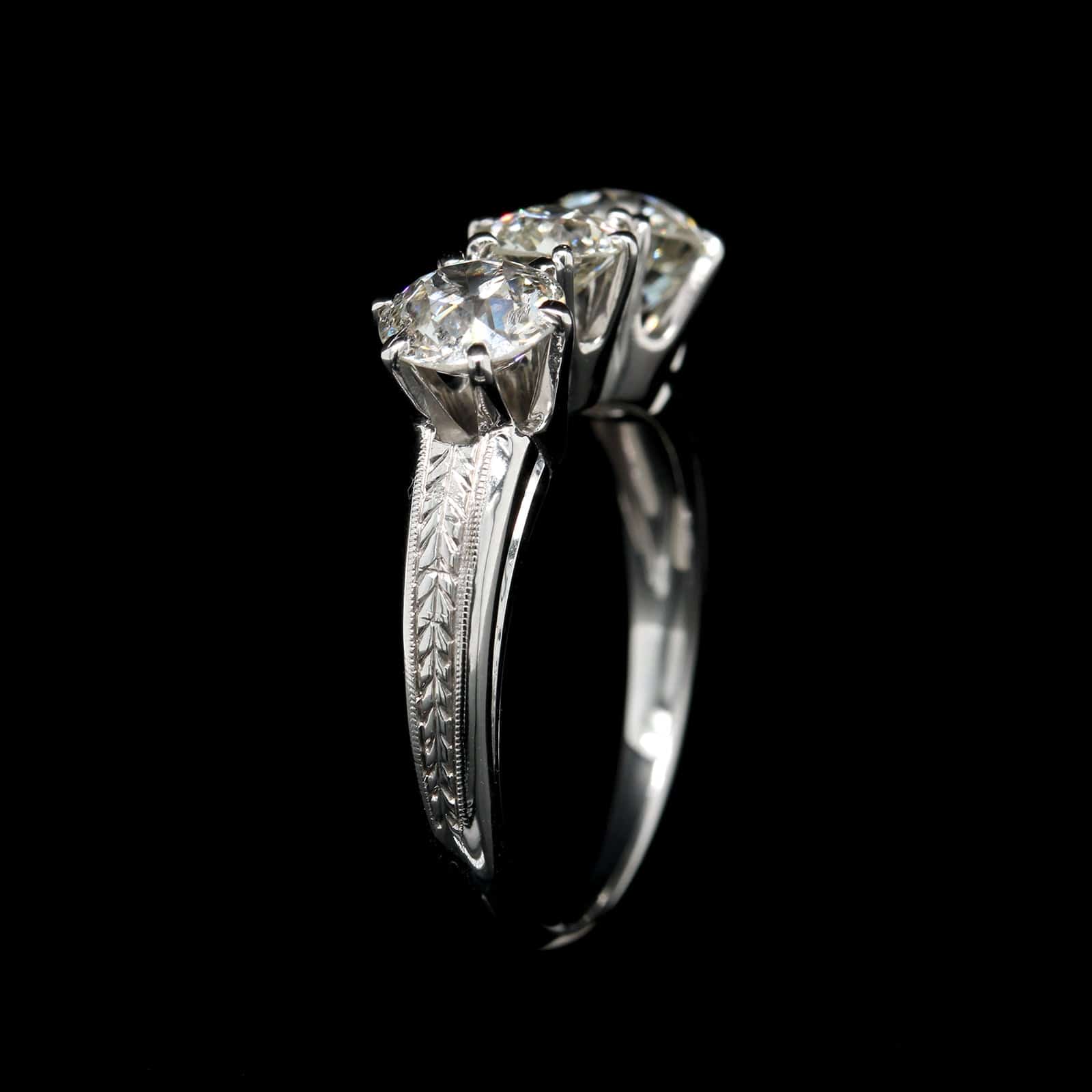 Vintage 14K White Gold Estate Diamond Three Stone Ring