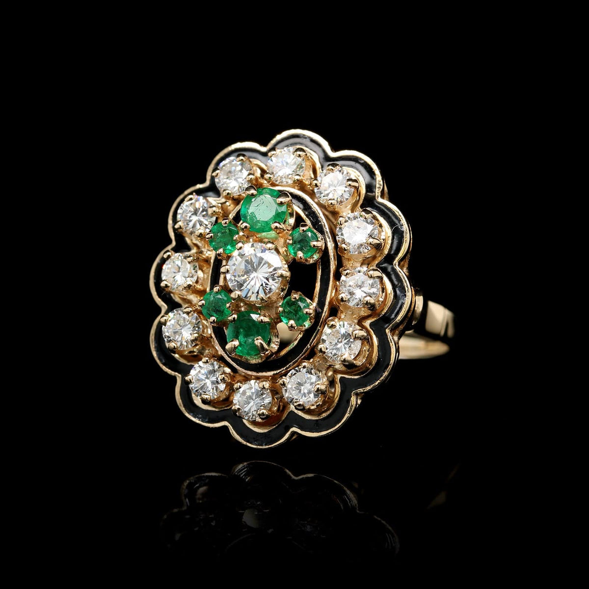 14K Yellow Gold Estate Diamond and Emerald Black Enamel Ring