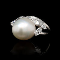 Platinum Estate Cultured South Sea Pearl and Diamond Ring