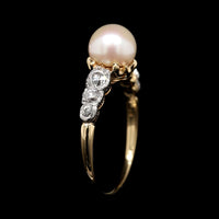 Antique 18K Yellow Gold, Platinum Estate Cultured Pearl and Diamond Ring