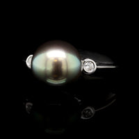 18K White Gold Estate Tahitian Cultured South Sea Pearl and Diamond Ring
