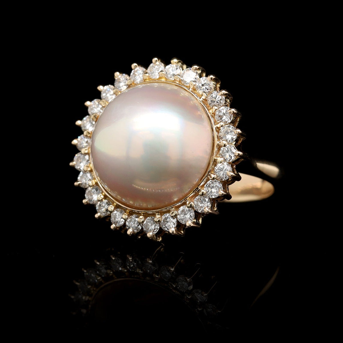 14K Yellow Gold Estate Cultured Mabe Pearl and Diamond Ring