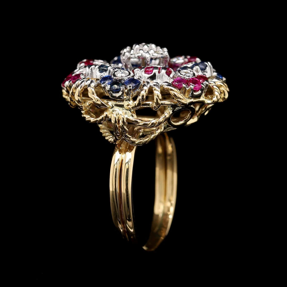 18K Yellow Gold Estate Sapphire, Ruby and Diamond Ring