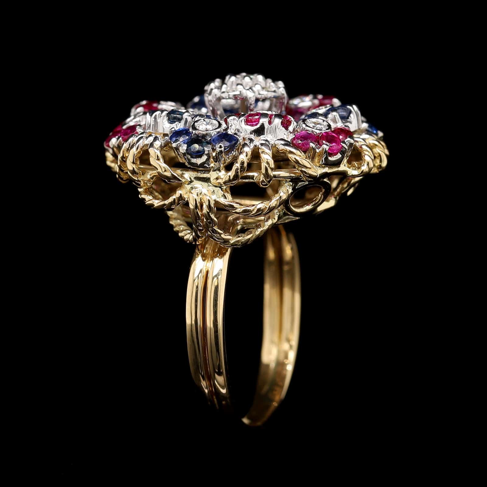 18K Yellow Gold Estate Sapphire, Ruby and Diamond Ring