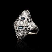 Vintage 18K White Gold Estate Sapphire and Diamond Filigree Ring