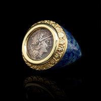 18K Yellow Gold Estate Roman Style Coin and Enamel Ring