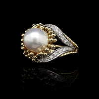 Vintage 18K Two-tone Gold Estate Cultured Pearl and Diamond Ring