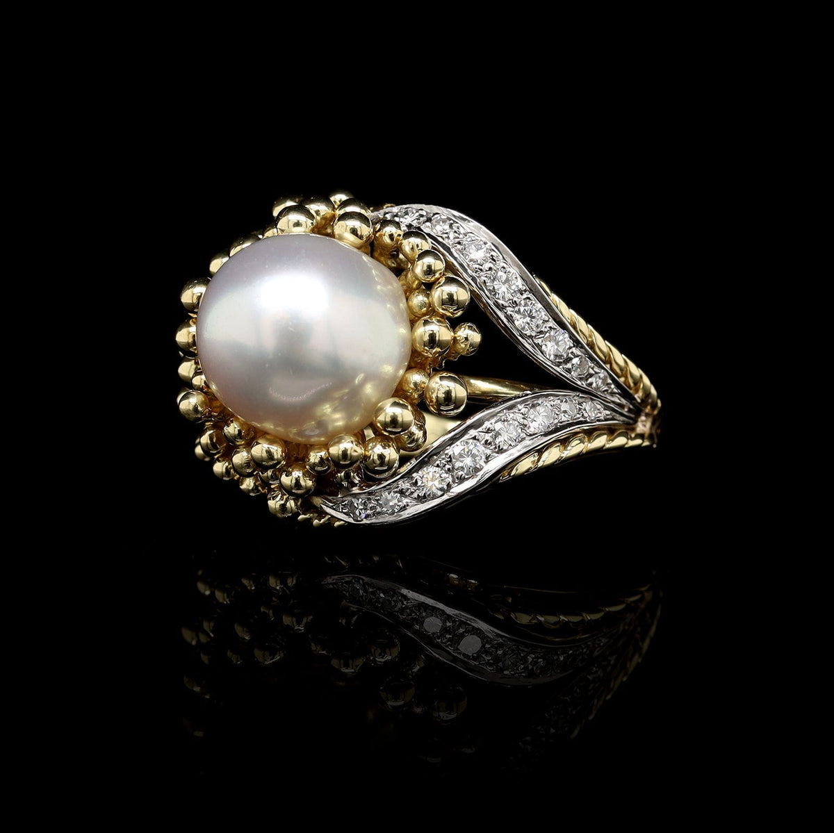 Vintage 18K Two-tone Gold Estate Cultured Pearl and Diamond Ring