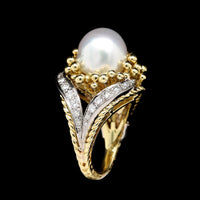 Vintage 18K Two-tone Gold Estate Cultured Pearl and Diamond Ring