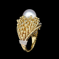Vintage 18K Two-tone Gold Estate Cultured Pearl and Diamond Ring