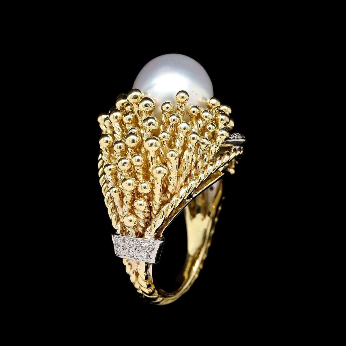 Vintage 18K Two-tone Gold Estate Cultured Pearl and Diamond Ring