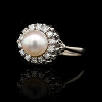 14K White Gold Pearl Estate Diamond Halo Ring