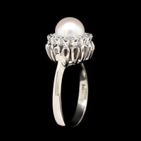 14K White Gold Pearl Estate Diamond Halo Ring