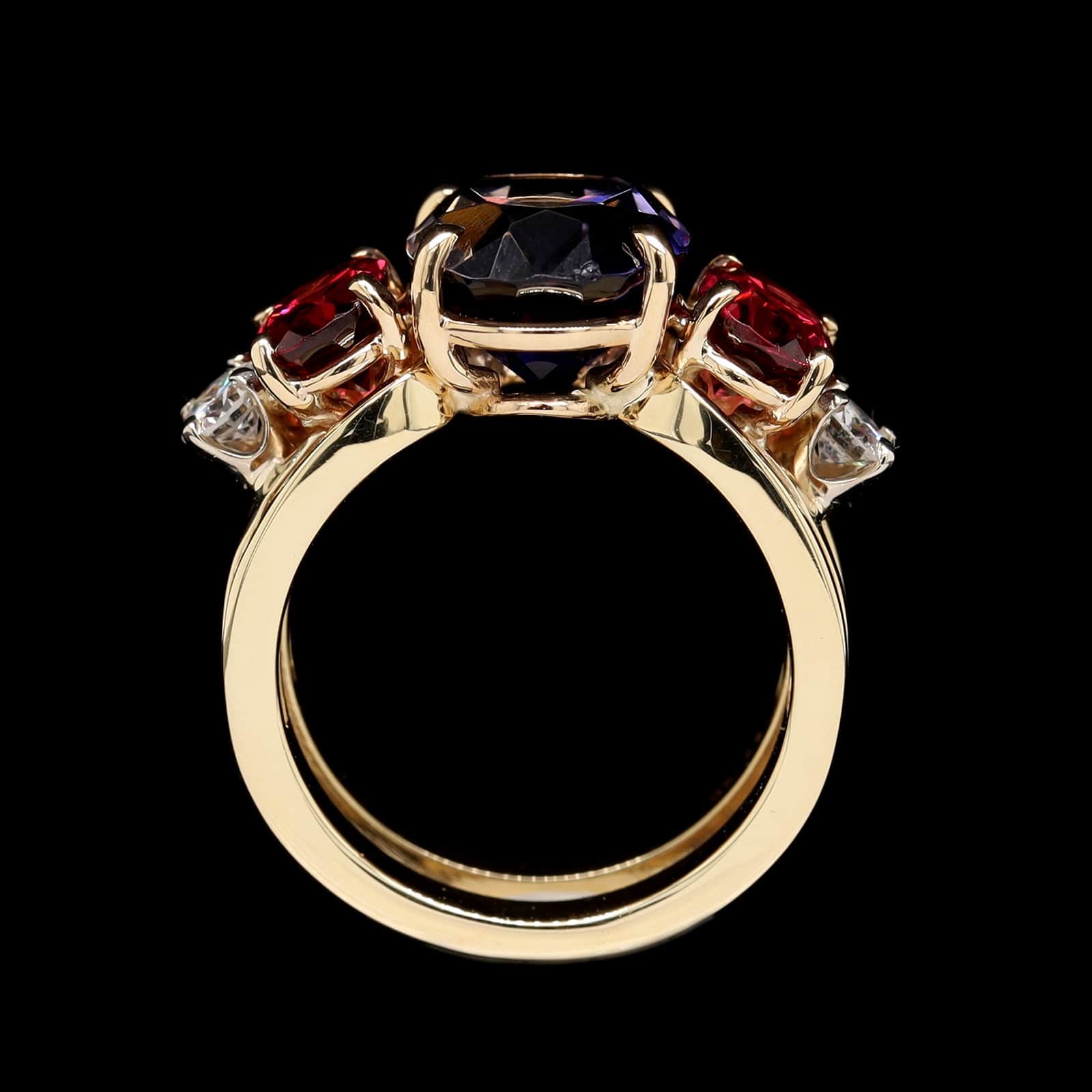 14K Yellow Gold Estae Iolite, Garnet and Diamond Ring