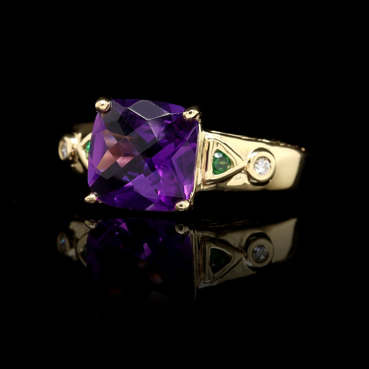 14K Yellow Gold Amethyst, Tsavorite and Diamond Ring