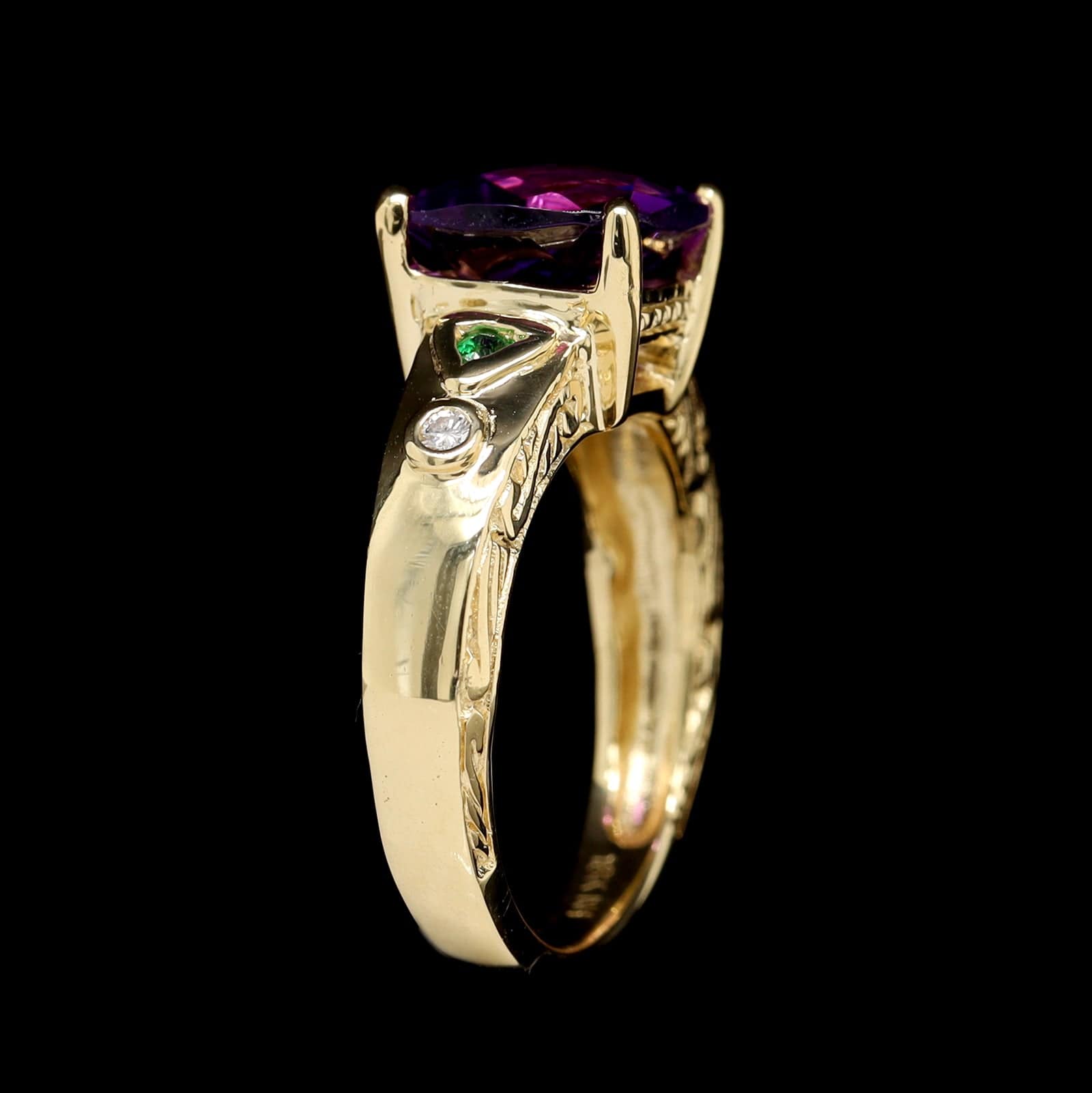 14K Yellow Gold Amethyst, Tsavorite and Diamond Ring