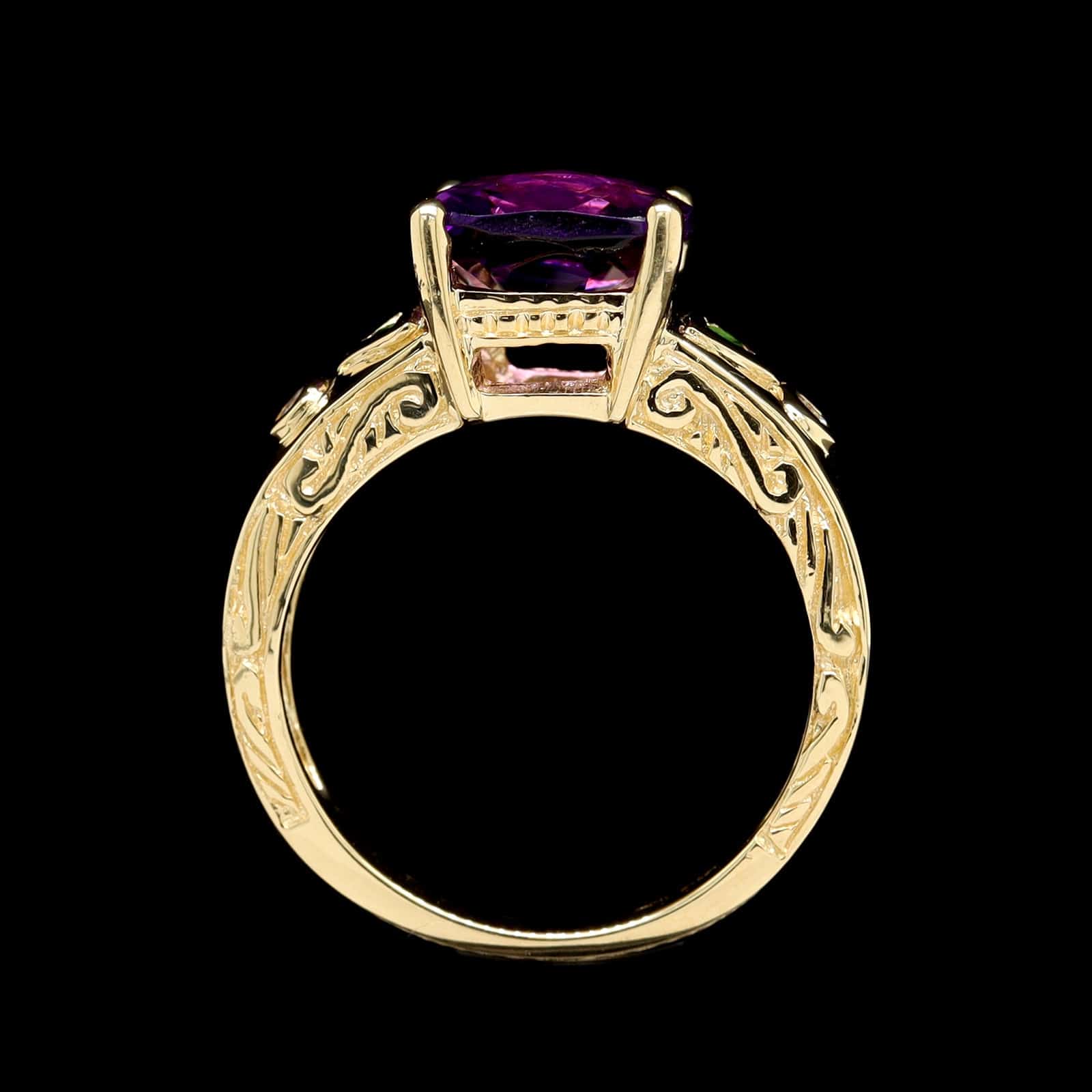 14K Yellow Gold Amethyst, Tsavorite and Diamond Ring