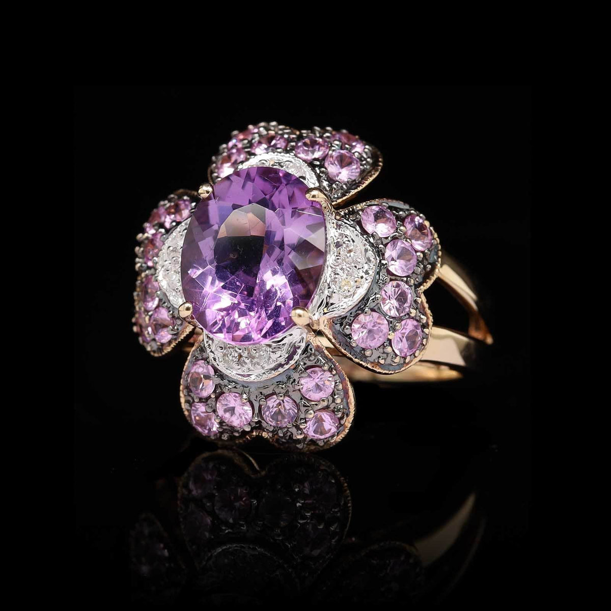 14K Yellow Gold Estate Amethyst, Pink Sapphire and Diamond Ring