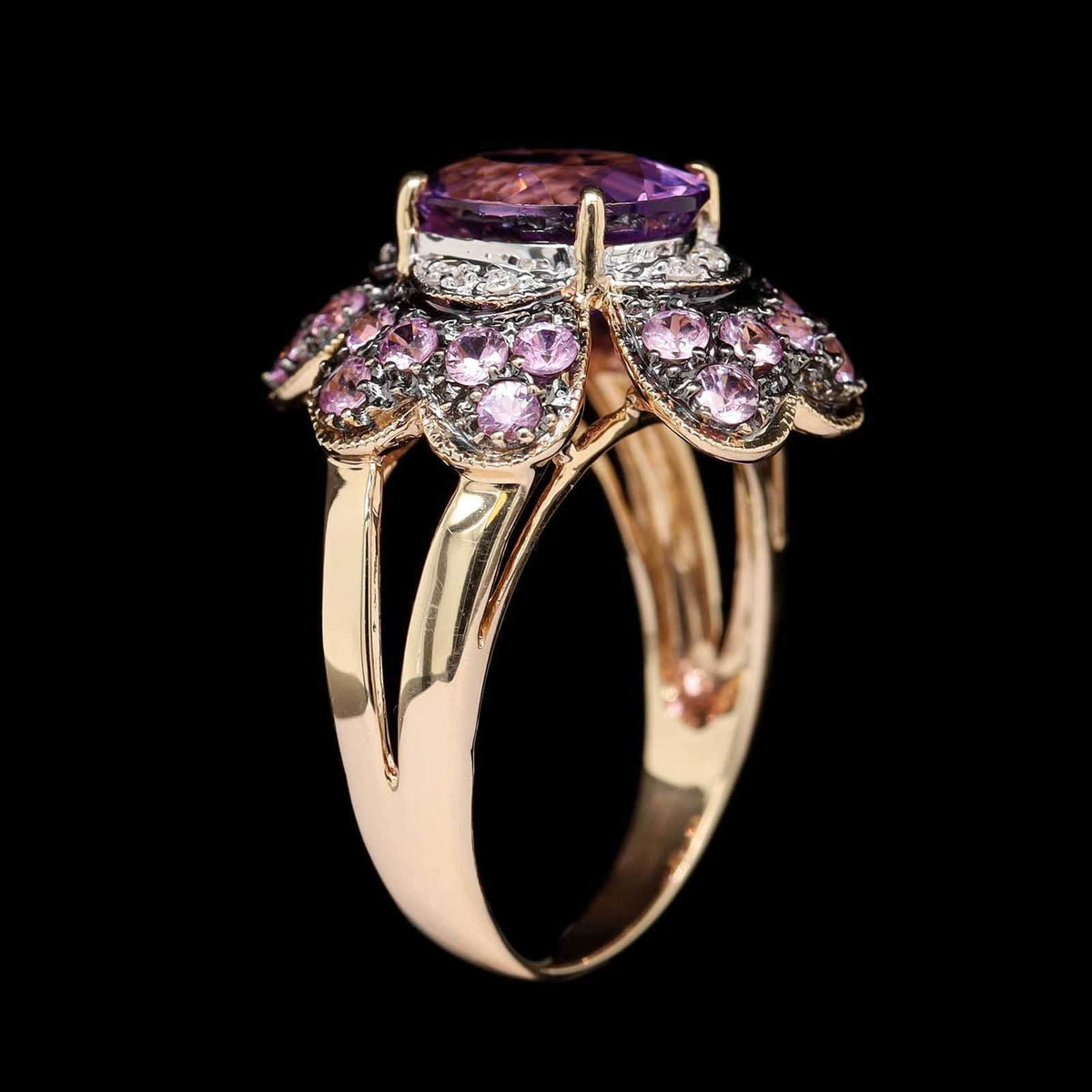 14K Yellow Gold Estate Amethyst, Pink Sapphire and Diamond Ring