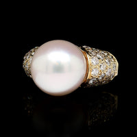 18K Yellow Gold Estate Cultured South Sea Pearl and Diamond Ring