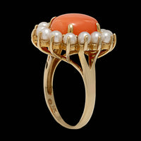 14K Yellow Gold Estate Coral and Cultured Pearl Ring