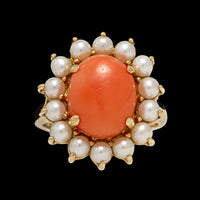 14K Yellow Gold Estate Coral and Cultured Pearl Ring