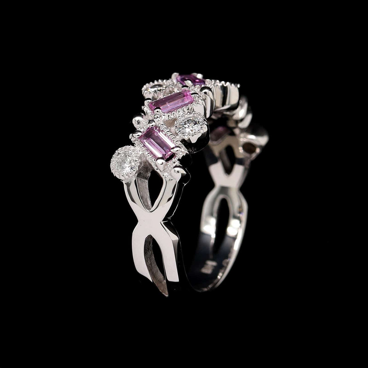 14K White Gold Estate Pink Sapphire and Diamond Band