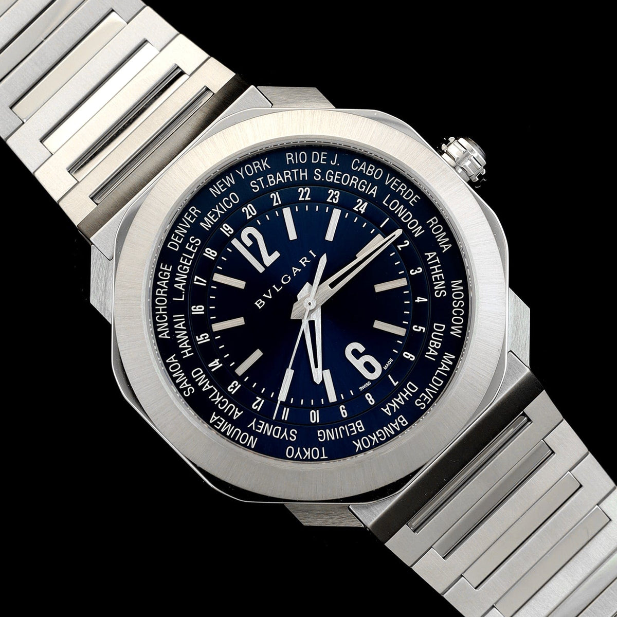 Stainless Steel Pre-Owned Bvlgari Octo Roma Worldtime Watch