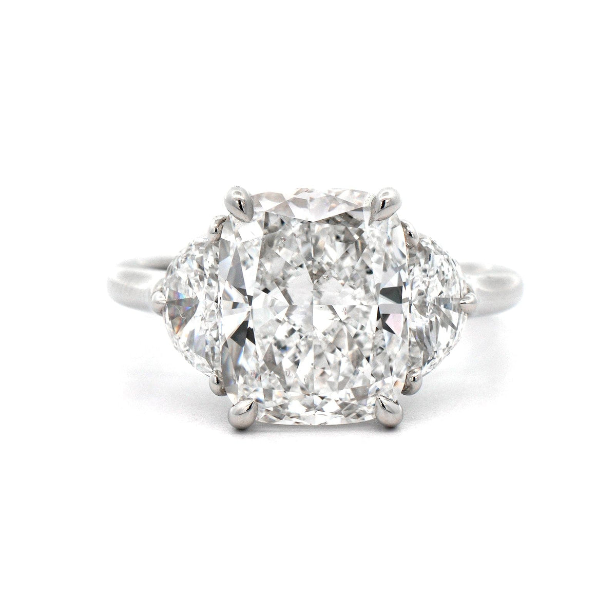 Platinum 3 Stone Cushion Center with Half Moon Sides Engagement Ring