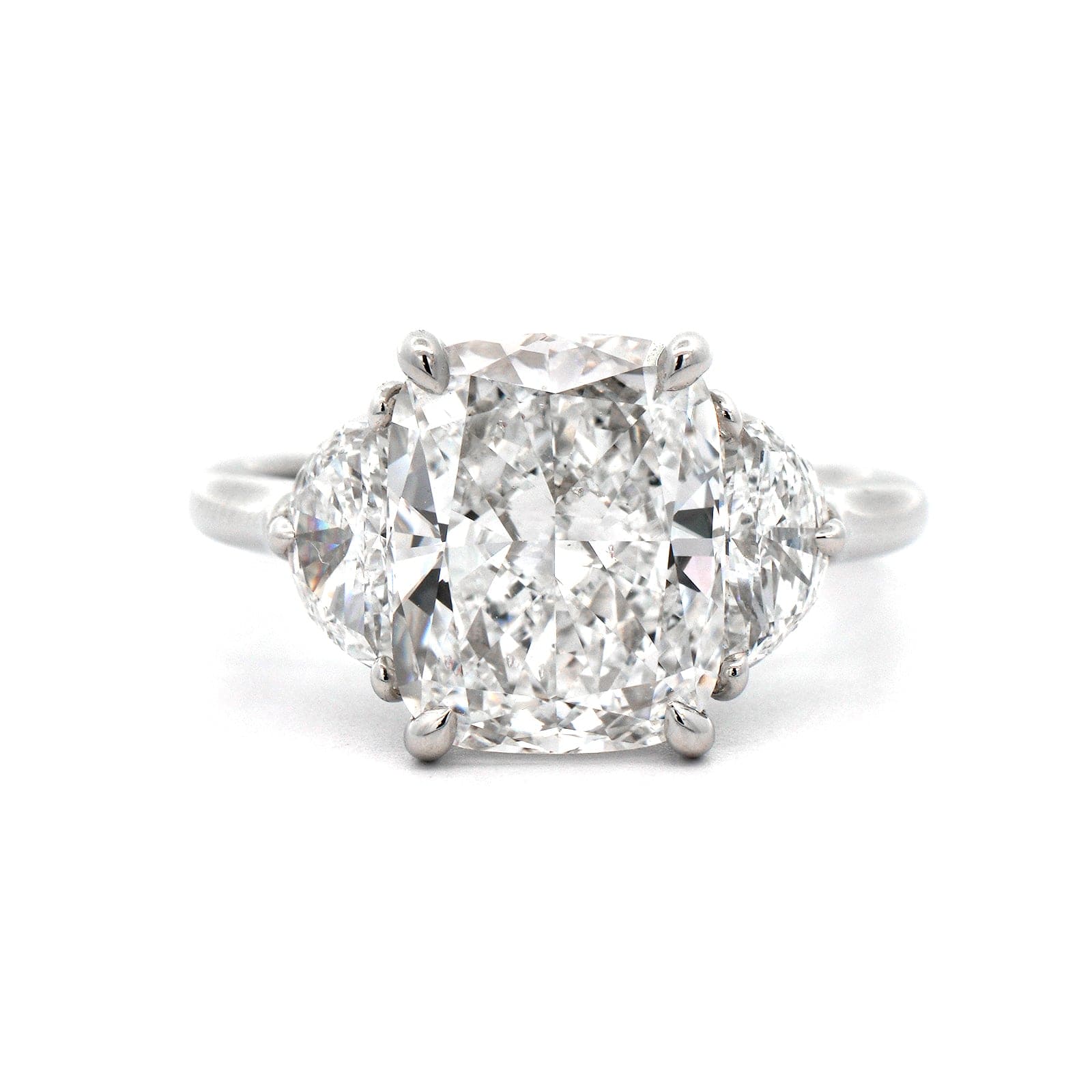 Platinum 3 Stone Cushion Center with Half Moon Sides Engagement Ring