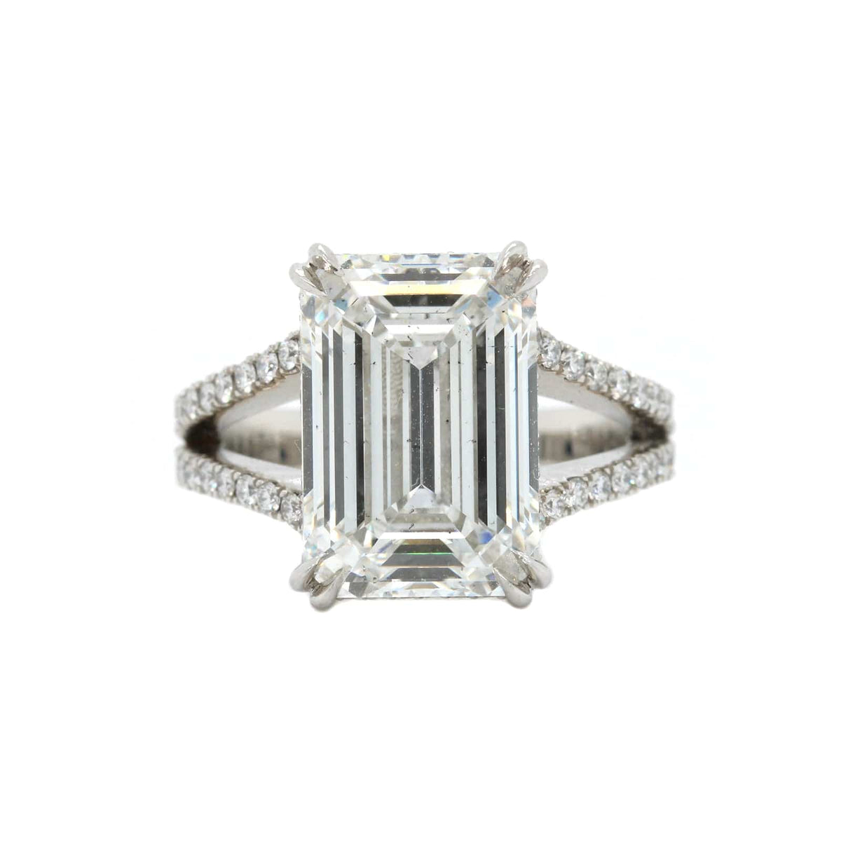 Platinum Emerald Cut Diamond Split Shank Engagement Ring