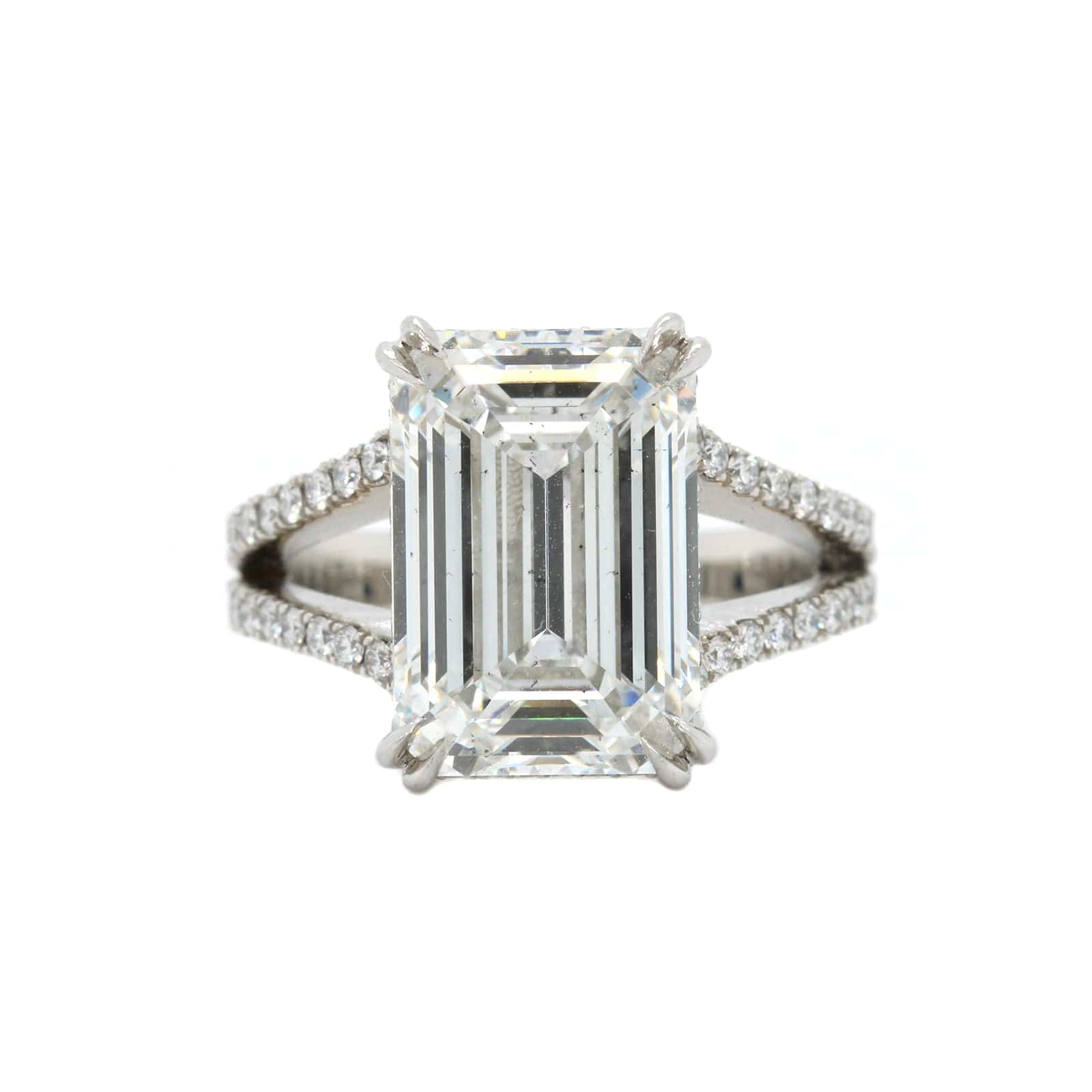 Platinum Emerald Cut Diamond Split Shank Engagement Ring