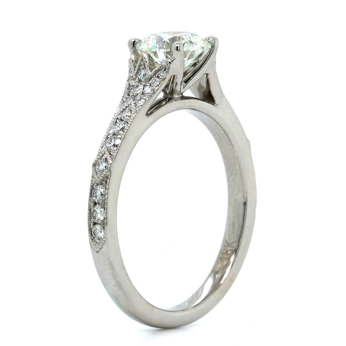 18K White Gold Round Cut Diamond Vintage Inspired Engagement Ring